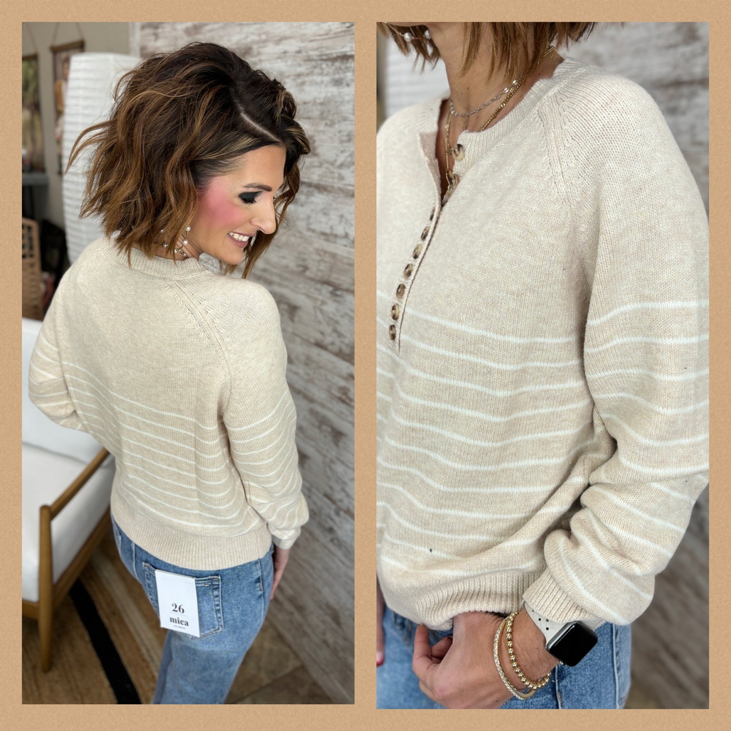 Beige Striped Quarter Button Down Sweater