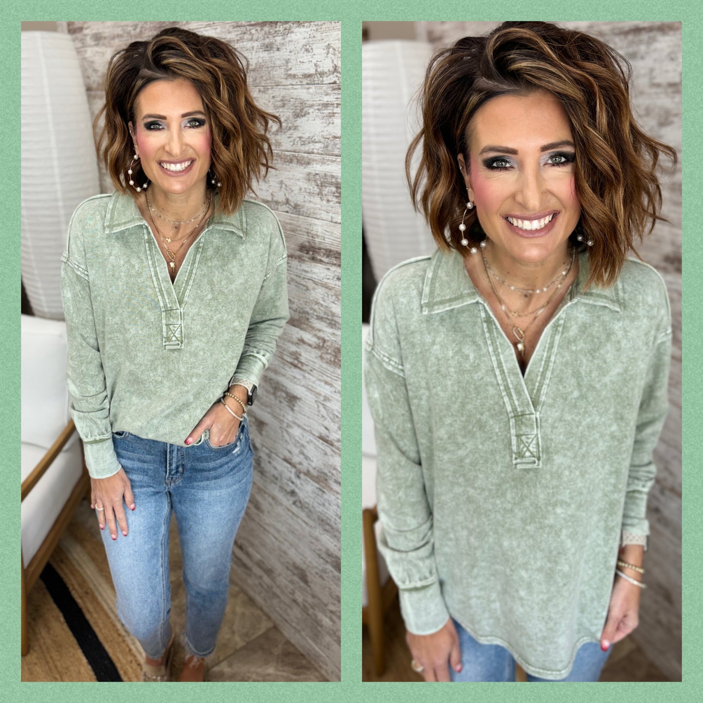 Washed Collared Split Neck Top-2 Colors