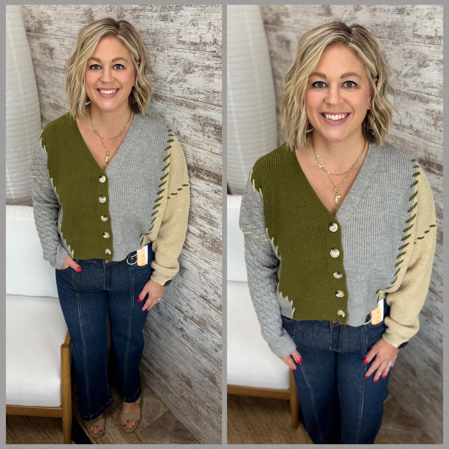 Olive Green, Lt Grey and Beige Patchwork Cardigan