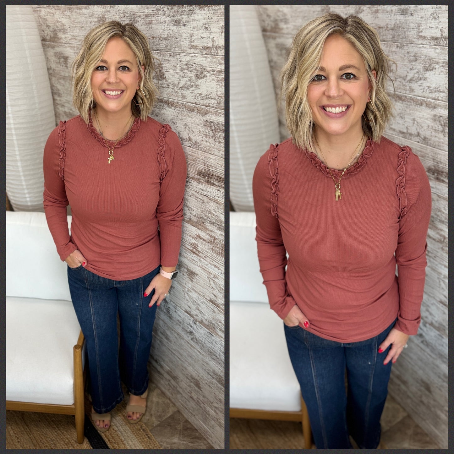 Marsala Ribbed Long Sleeve Ruffle Top