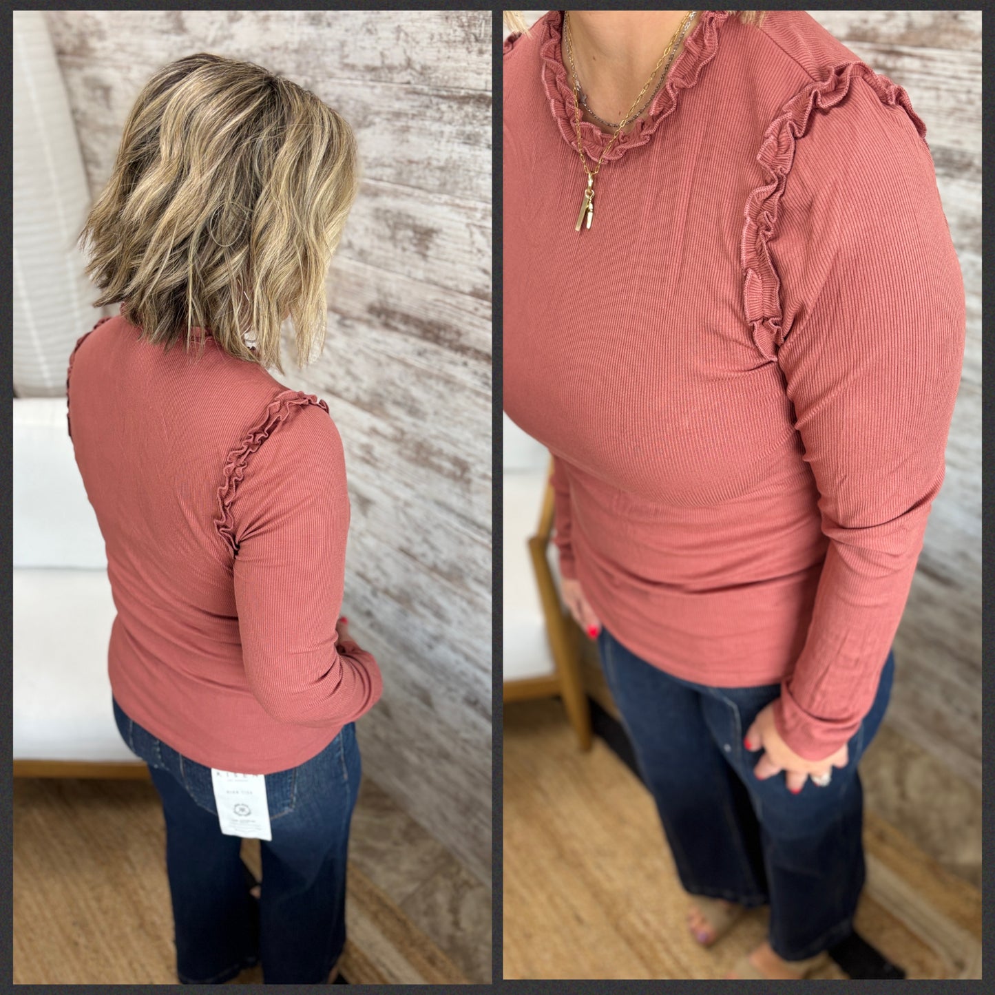 Marsala Ribbed Long Sleeve Ruffle Top