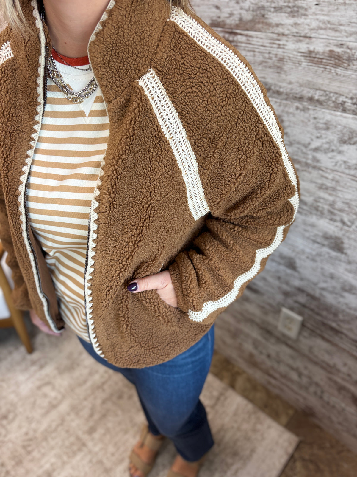 Brown/Cream Crochet Trim Fleece Jacket