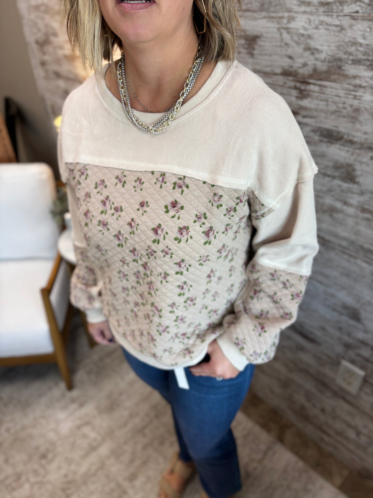 Cream Ditsy Floral Quilted Pullover