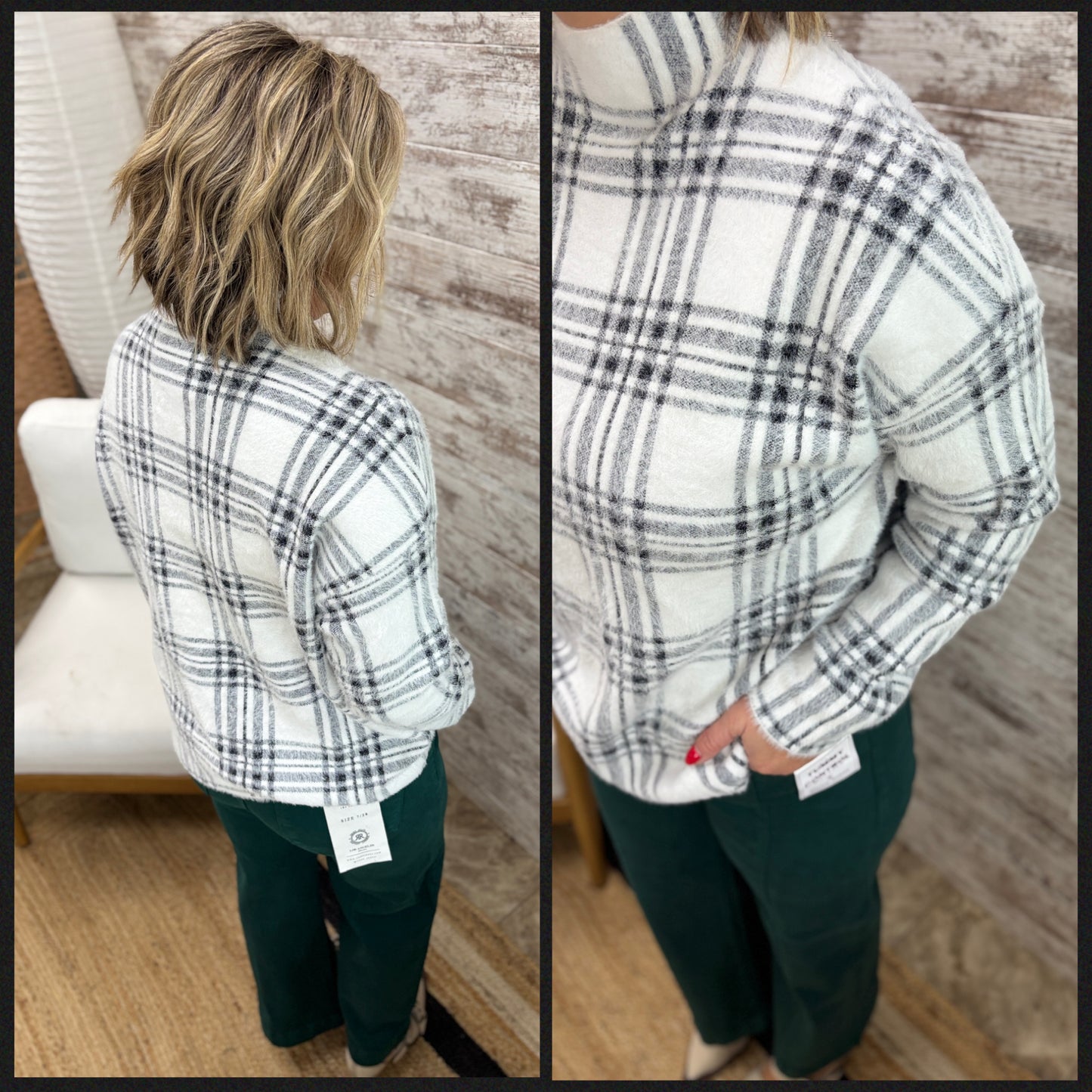 Off White Mock Neck Plaid Sweater