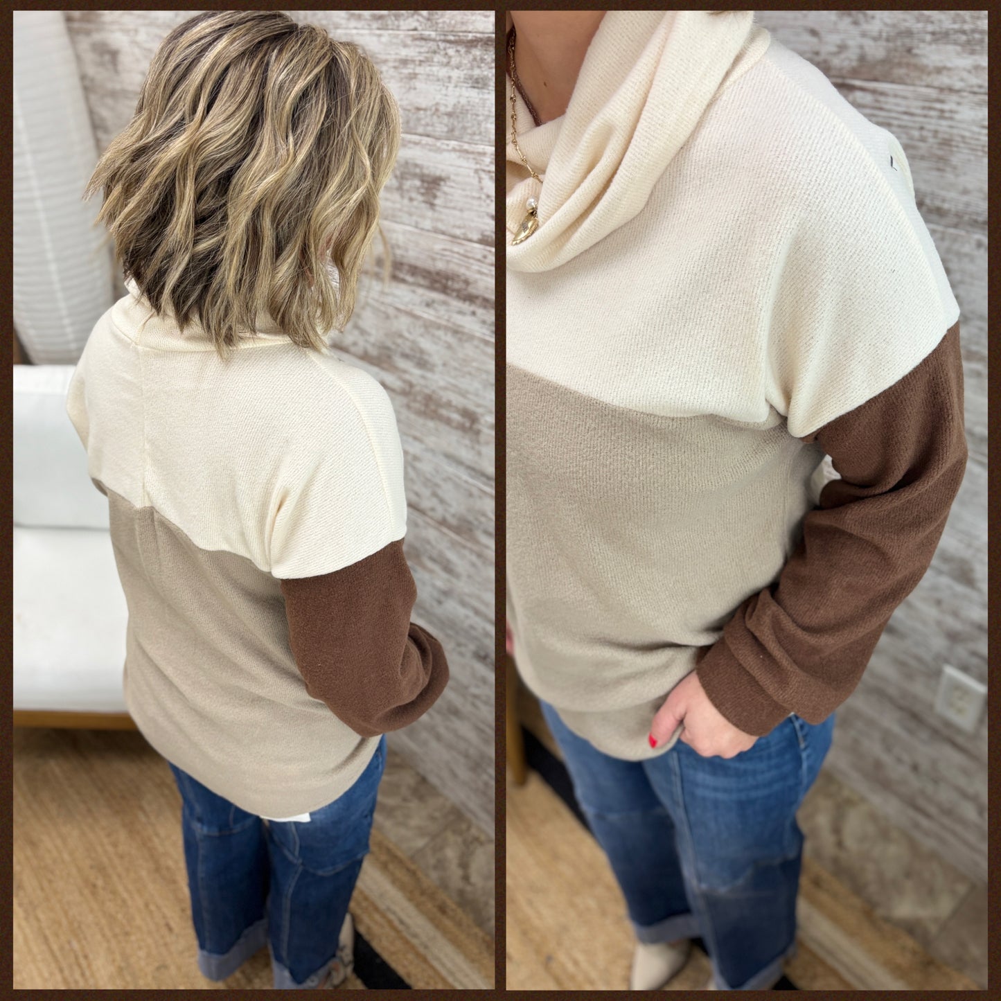 Ivory/Taupe/Chocolate Cowl Neck Sweater