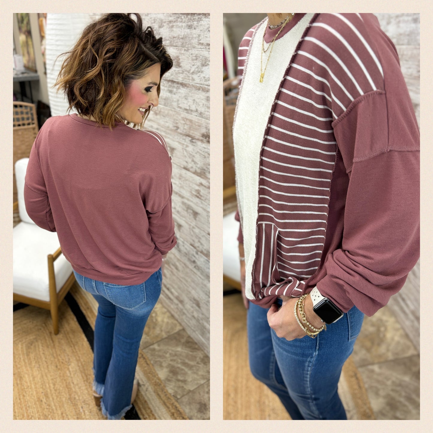 Stripe Contrast Drop Shoulder Pullover-2 Colors