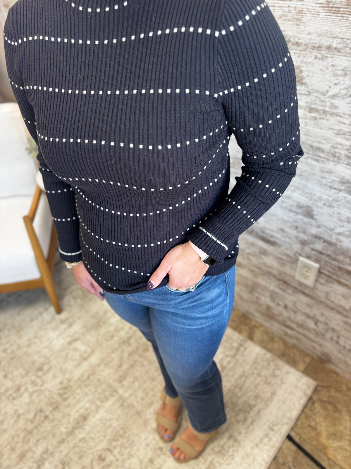 Black Striped Mock Neck Ribbed Sweater