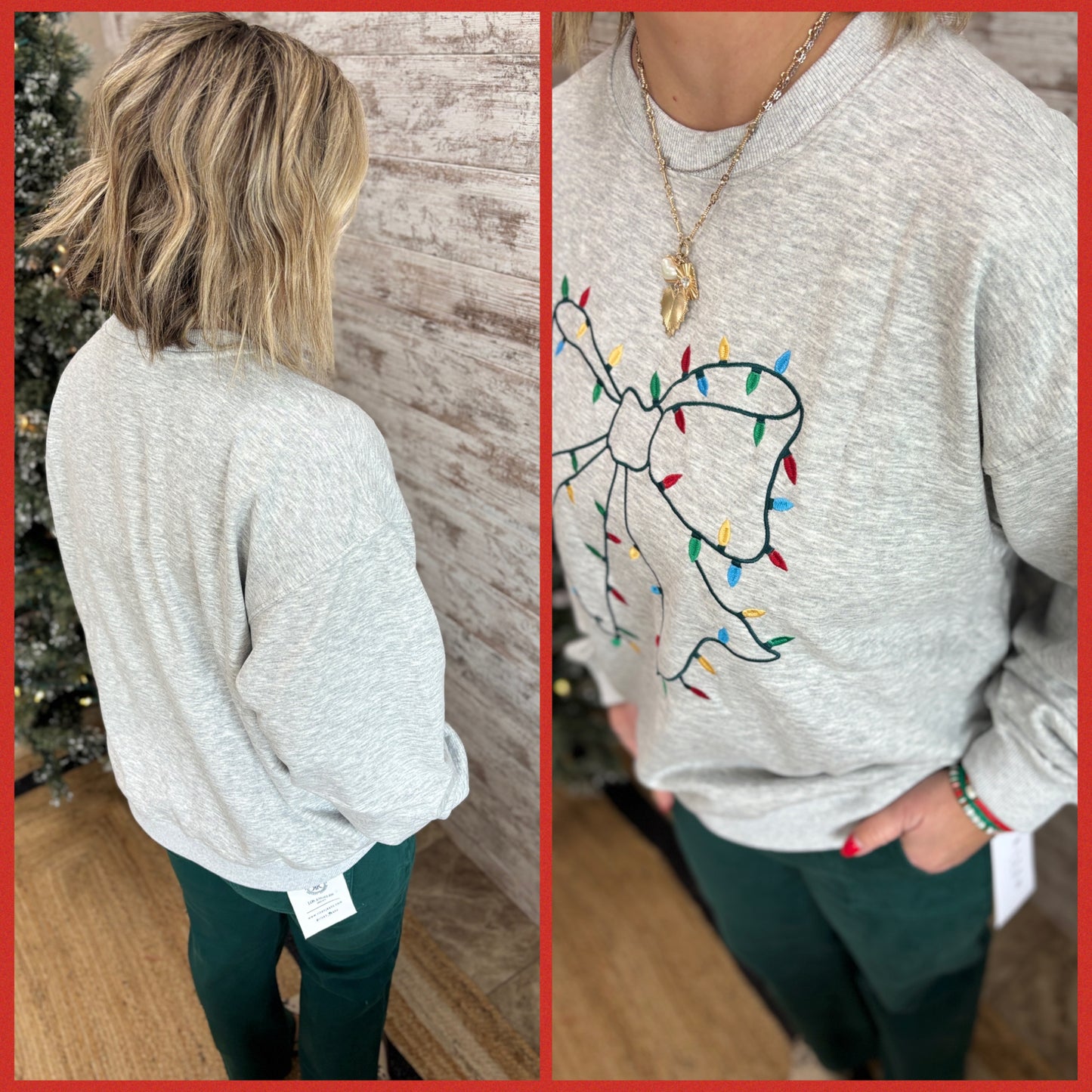 Grey Bow with Christmas Lights Crew Neck