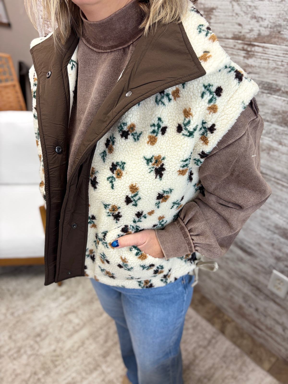 Oatmeal Floral Sherpa Boxy Fit Vest
