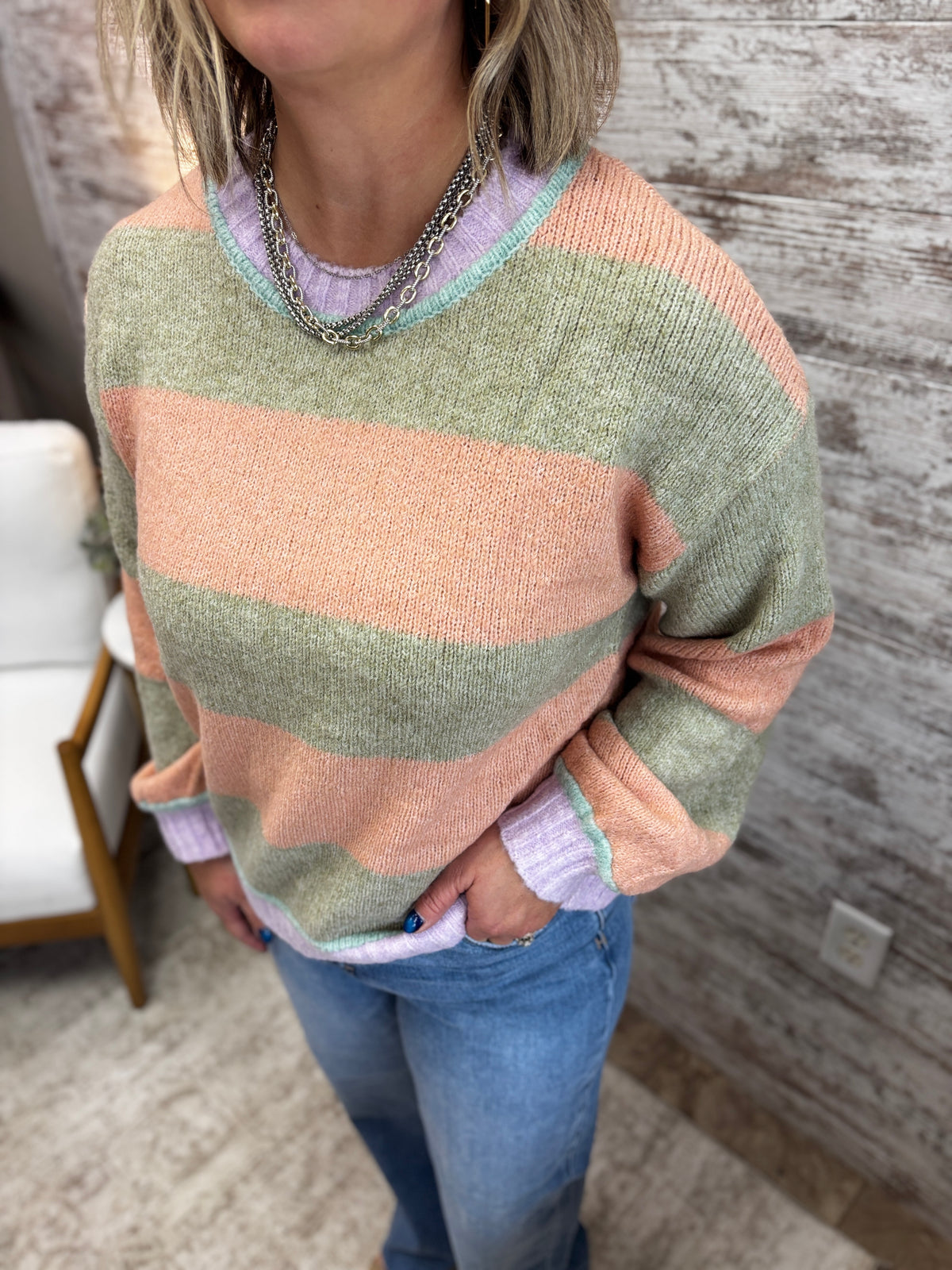 Green and Light Orange Contrast Striped Sweater