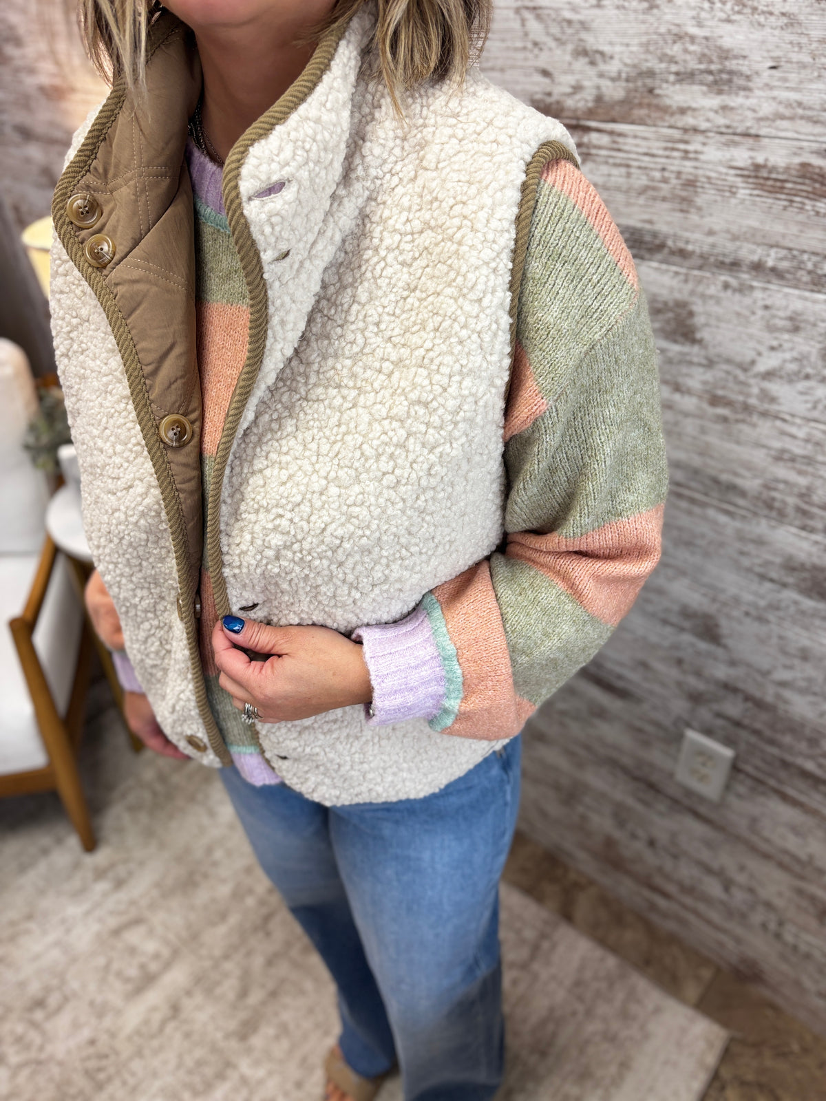 Mocha Reversible Sherpa Quilted High Collared Button Down Vest