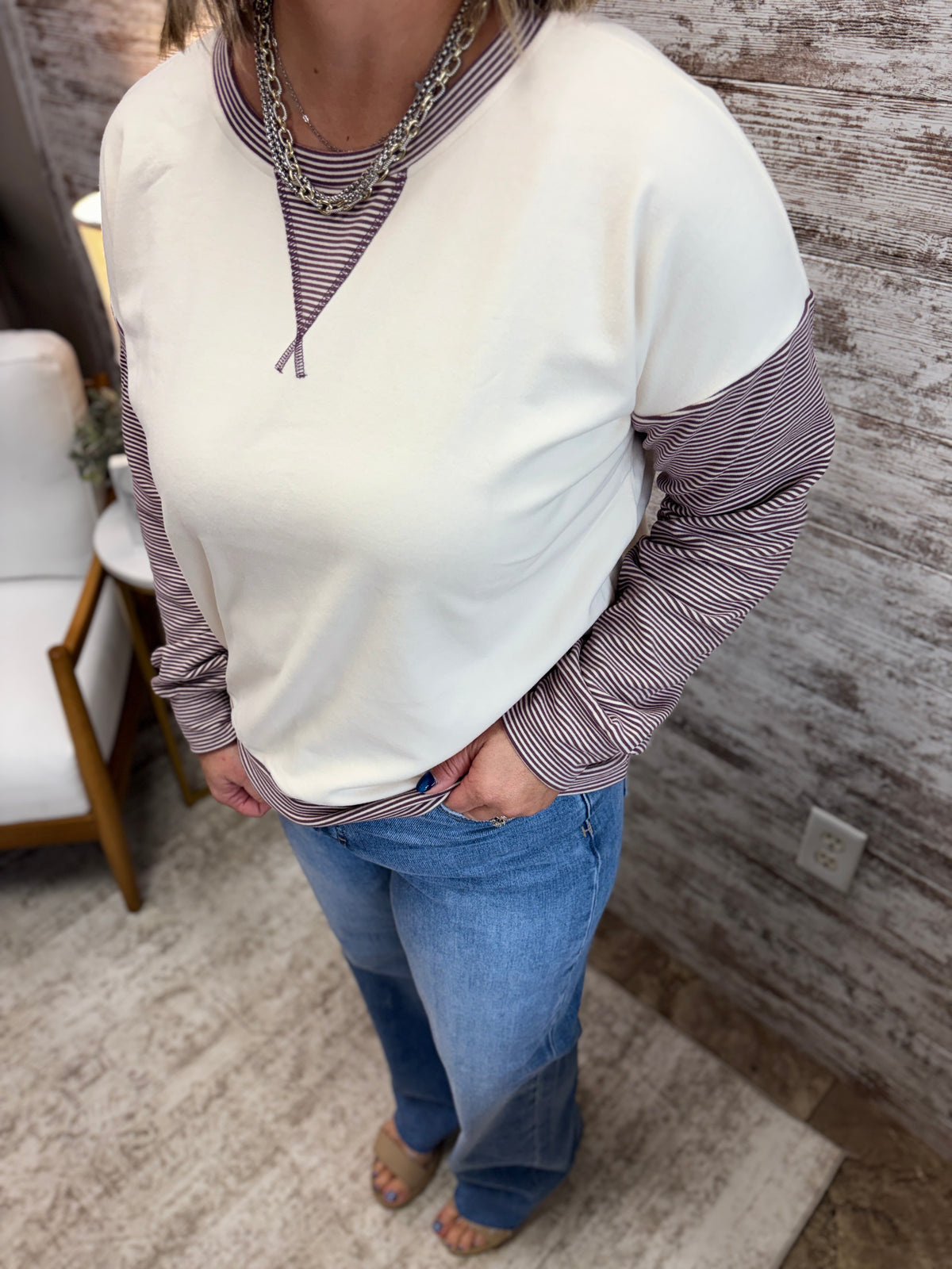 Purple Pinstripe Blocked Micro Brushed Top