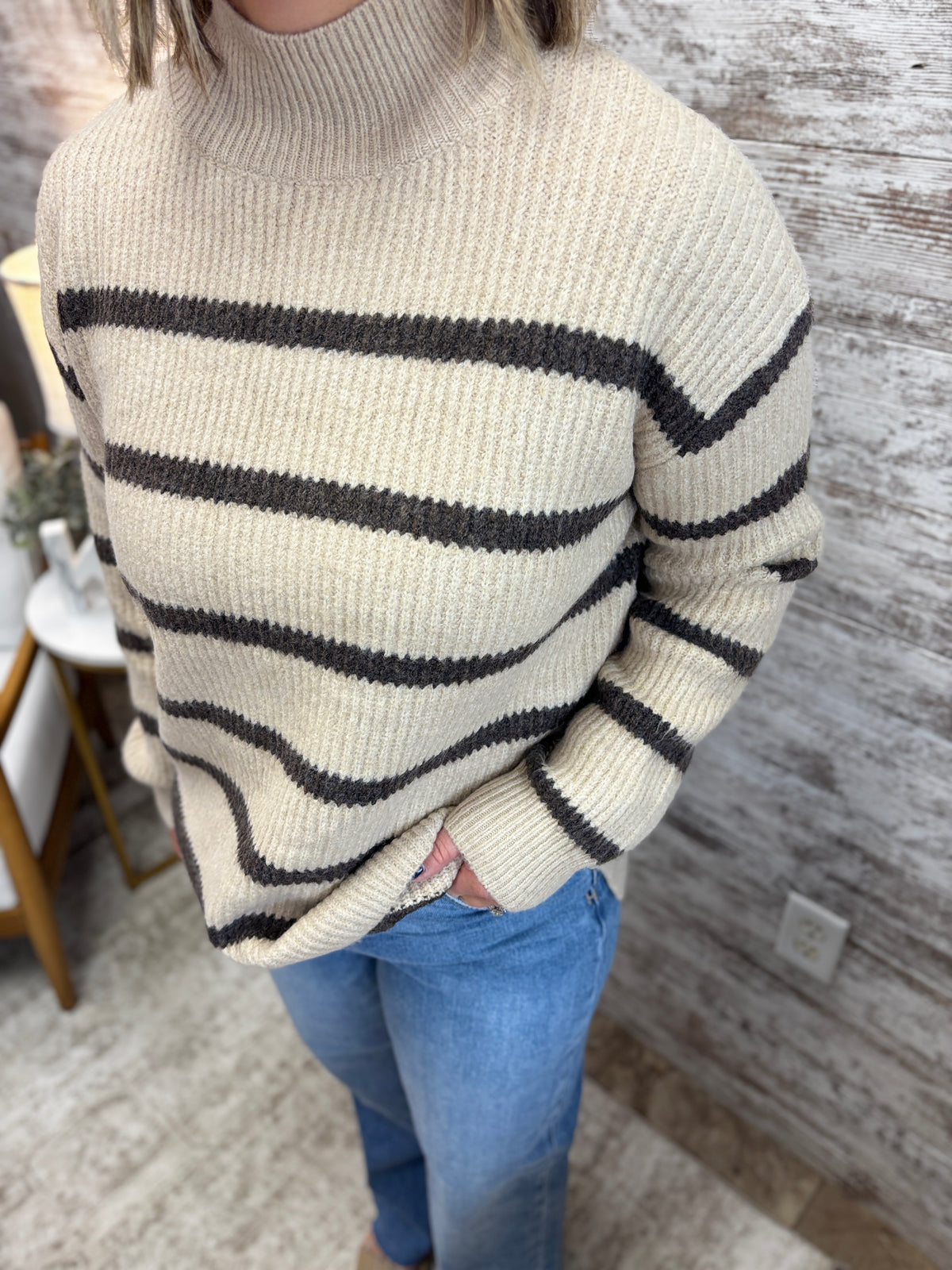 Brown Striped Mock Neck Knit Sweater