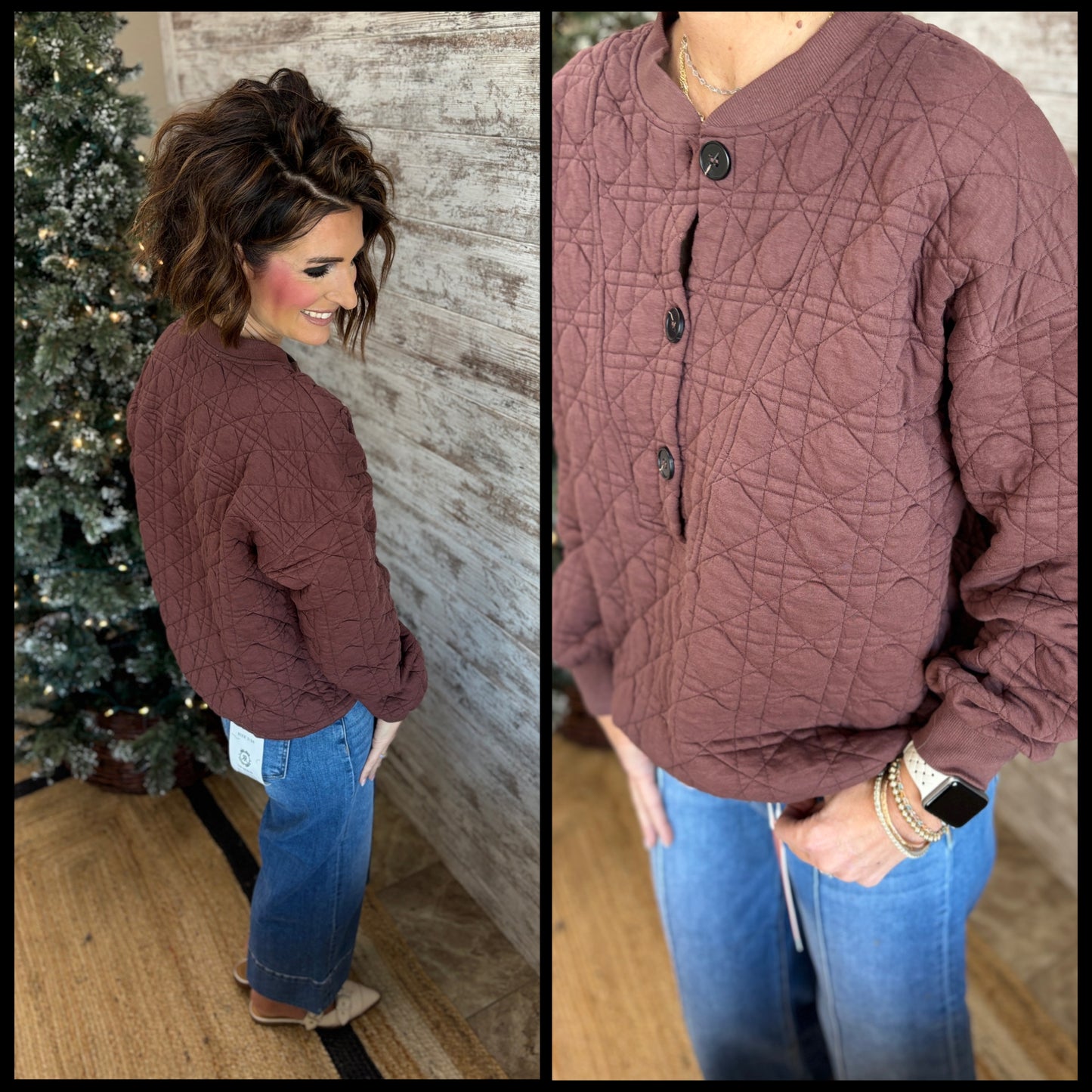 Espresso Quilted Half Button Sweatshirt