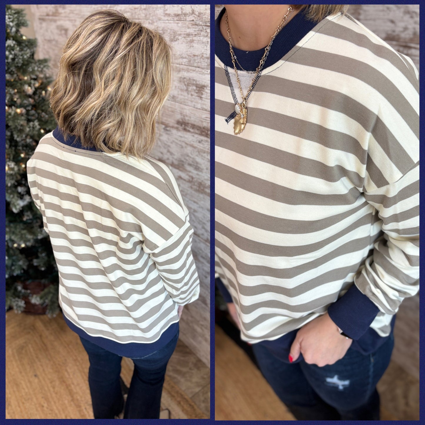 Olive/Navy Striped Crew Sweatshirt