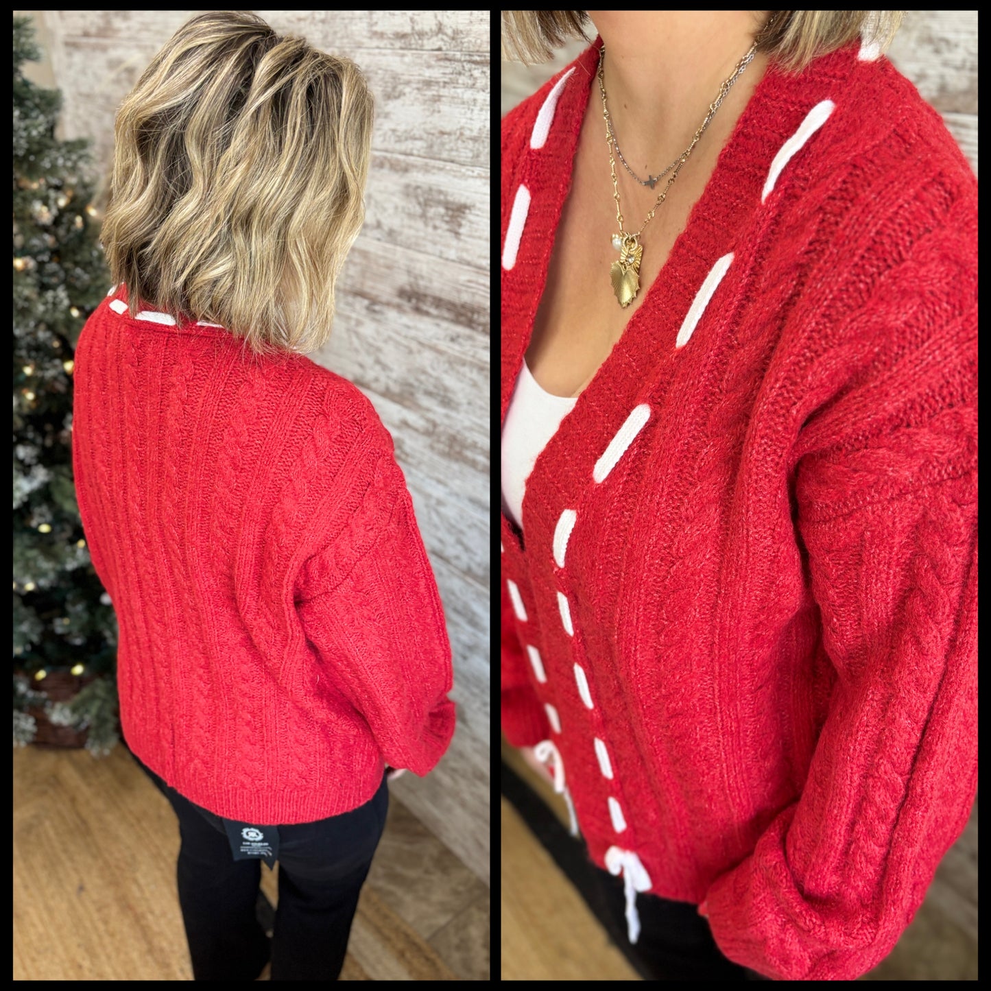 Red Cable Knit Cardigan with Ribbon