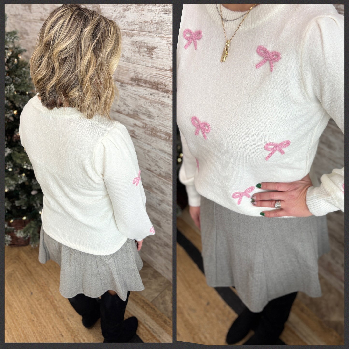 Ivory Soft Sweater with Pink Bow Accent
