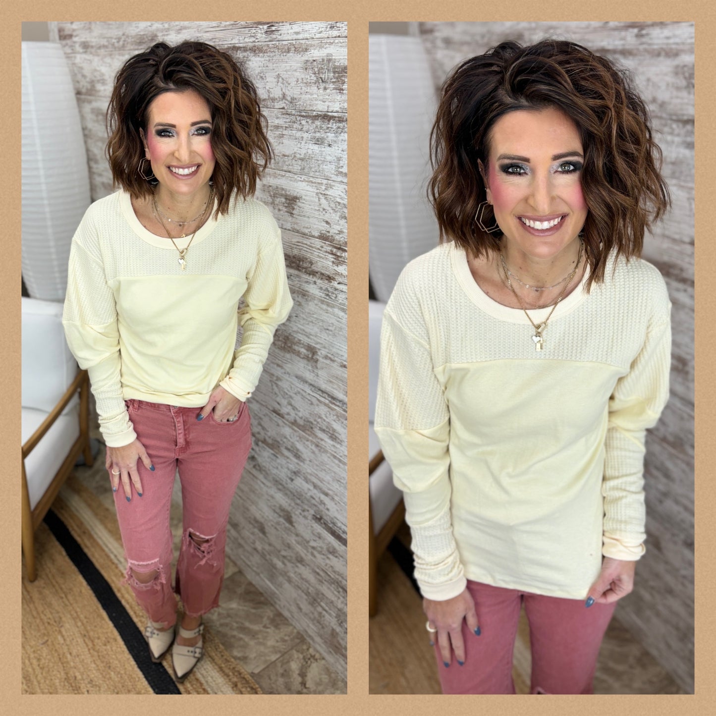 Beige Mixed Ribbed Knit Top