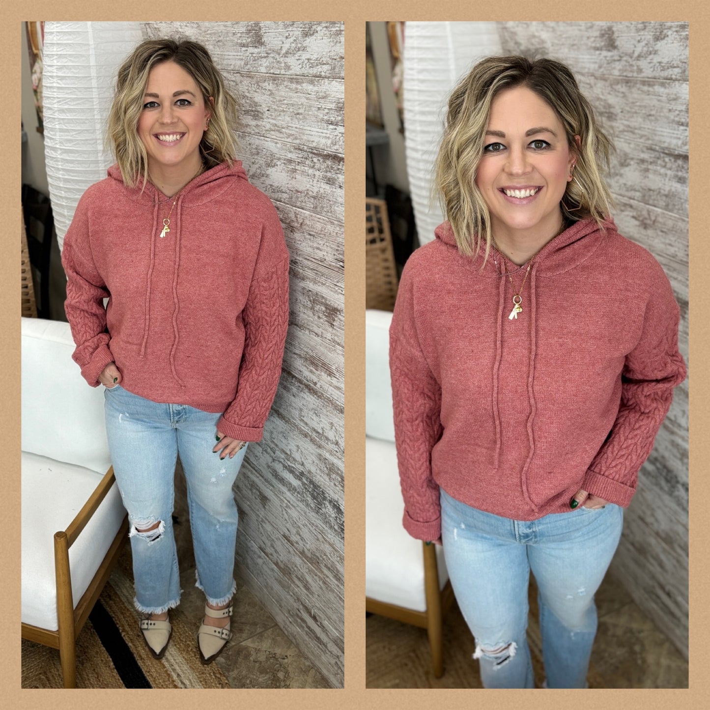 Mauve Cable Sleeve Hoodie Sweater