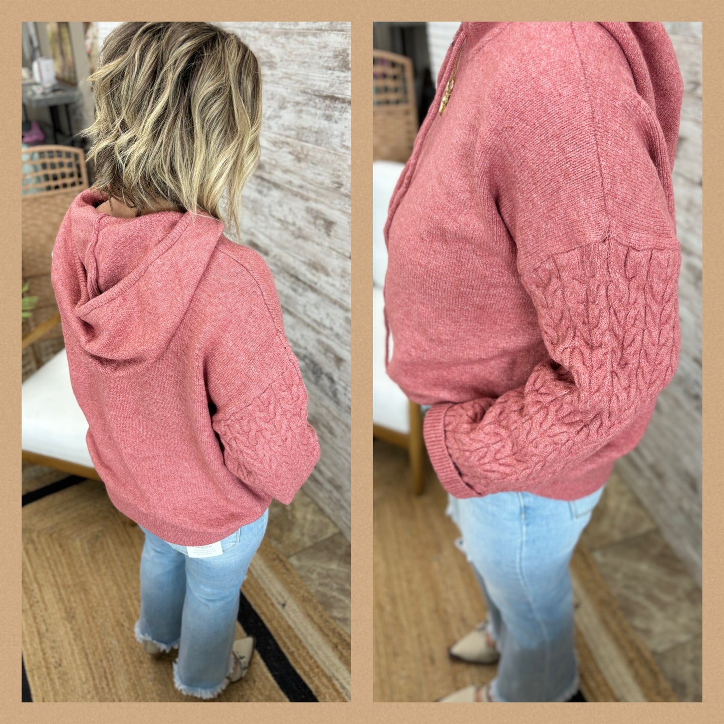 Mauve Cable Sleeve Hoodie Sweater