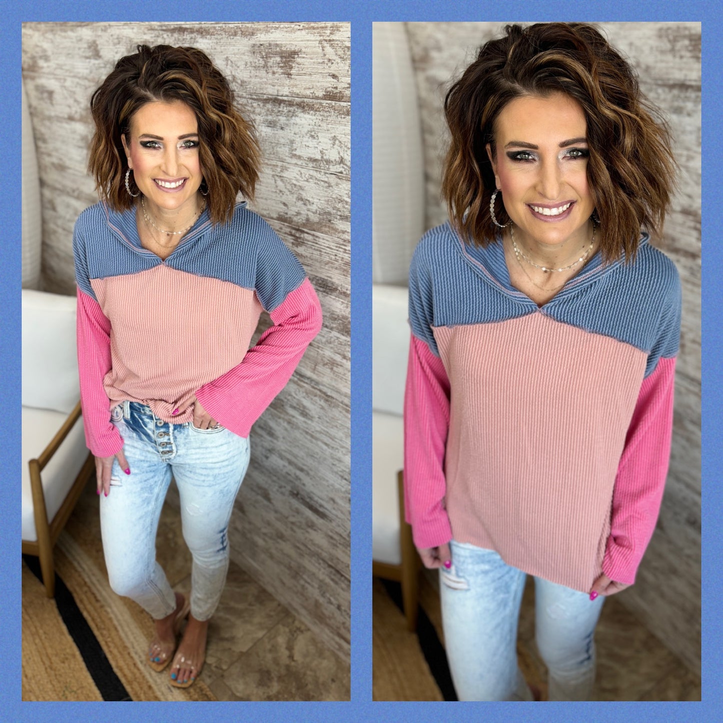 Color Block Rib Knit Hoodie