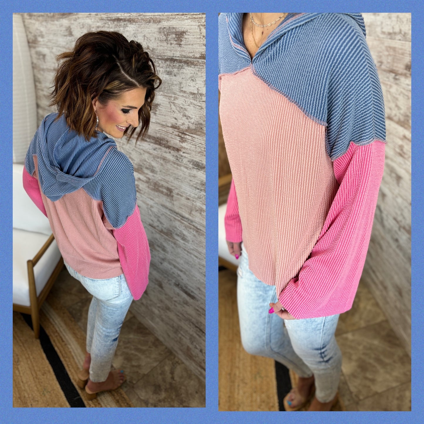 Color Block Rib Knit Hoodie