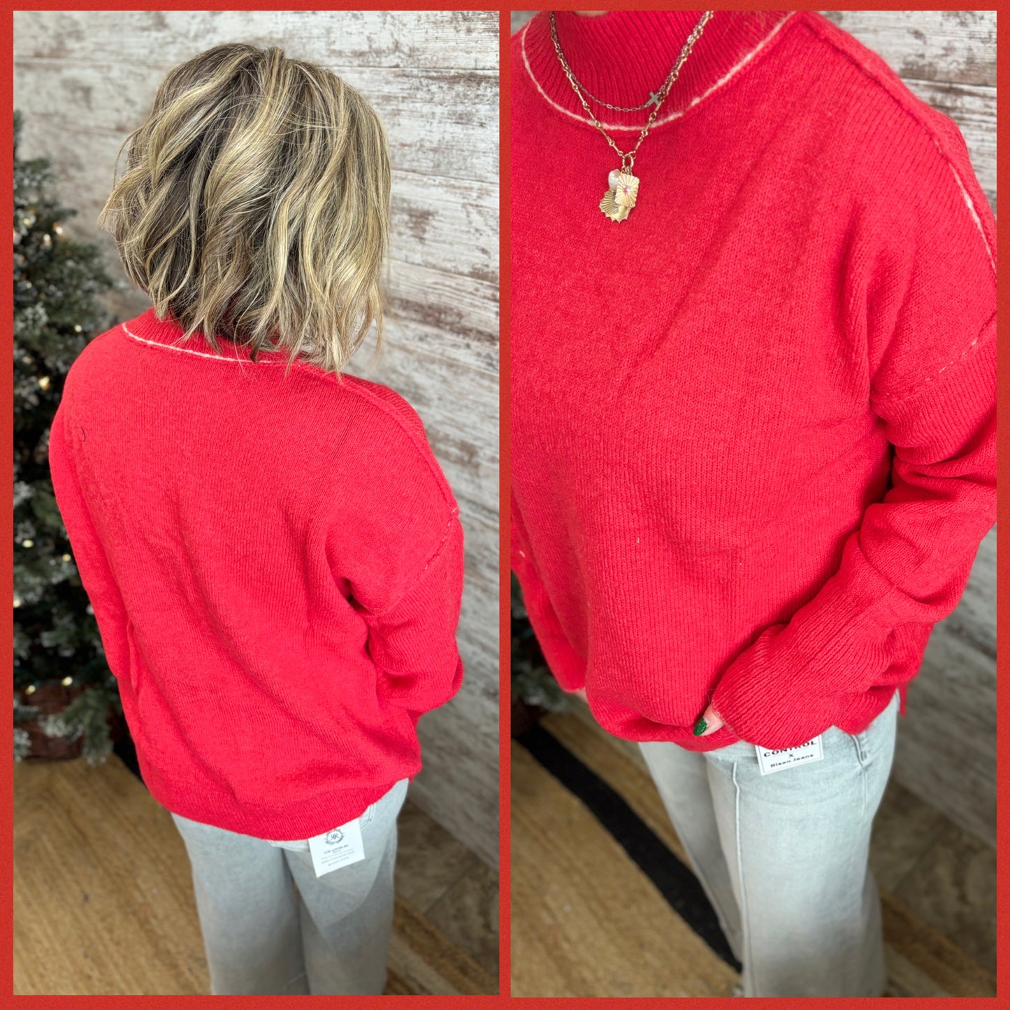 Red Mock Neck Sweater with White Seam Detail