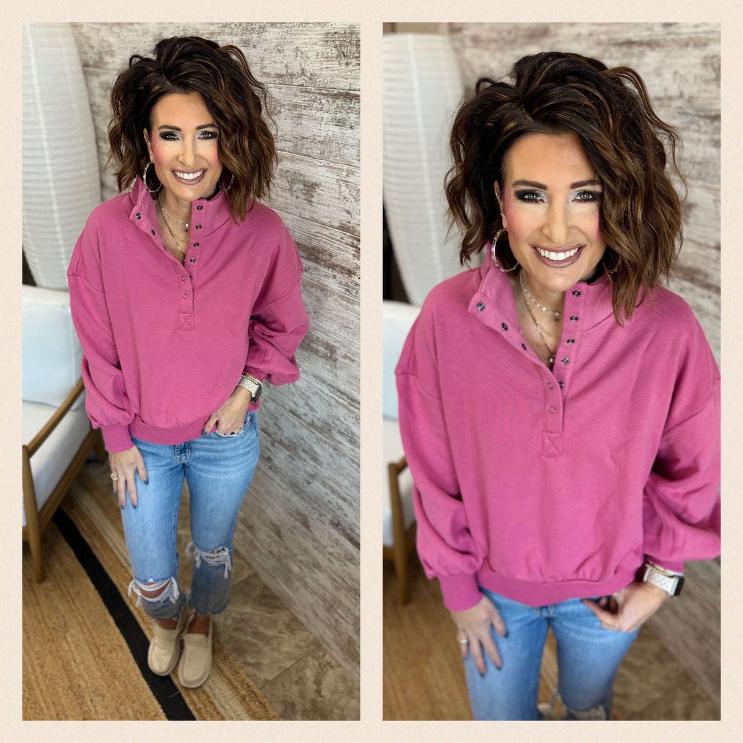 Berry Balloon Sleeve Half Button Knit