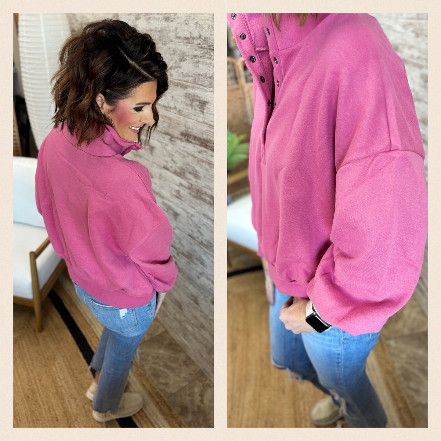 Berry Balloon Sleeve Half Button Knit