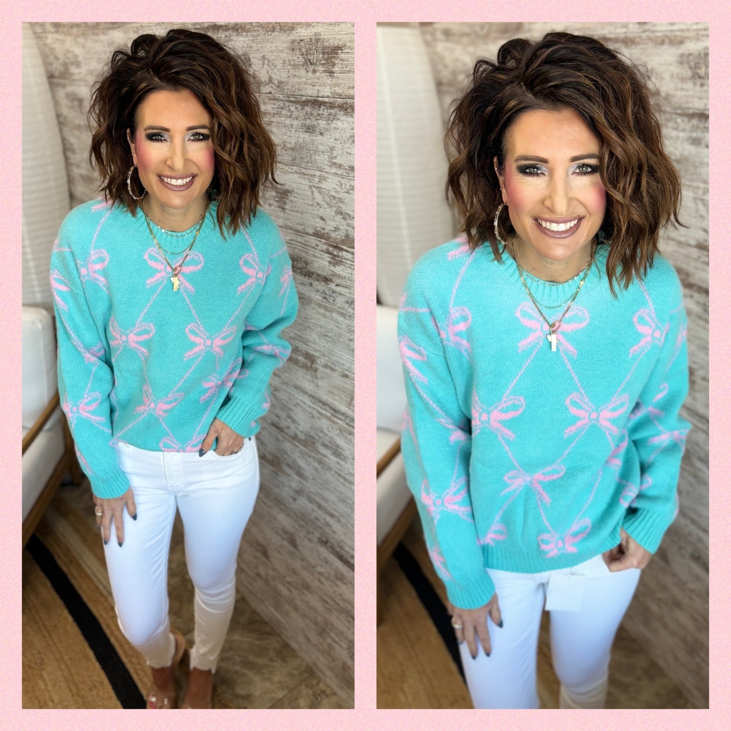 Teal Pink Ribbon Knit Sweater
