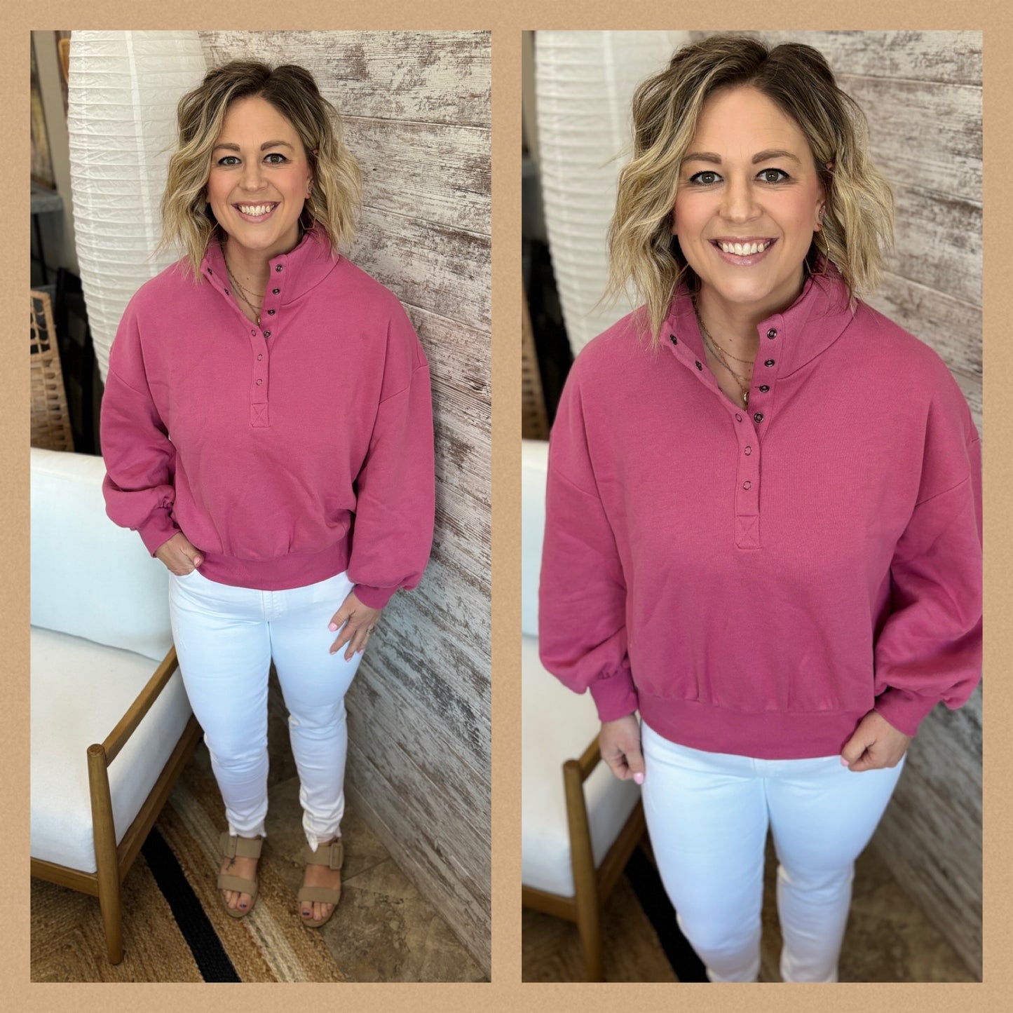 Berry Balloon Sleeve Half Button Knit