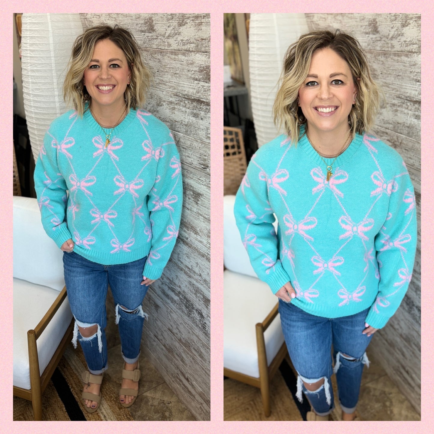 Teal Pink Ribbon Knit Sweater