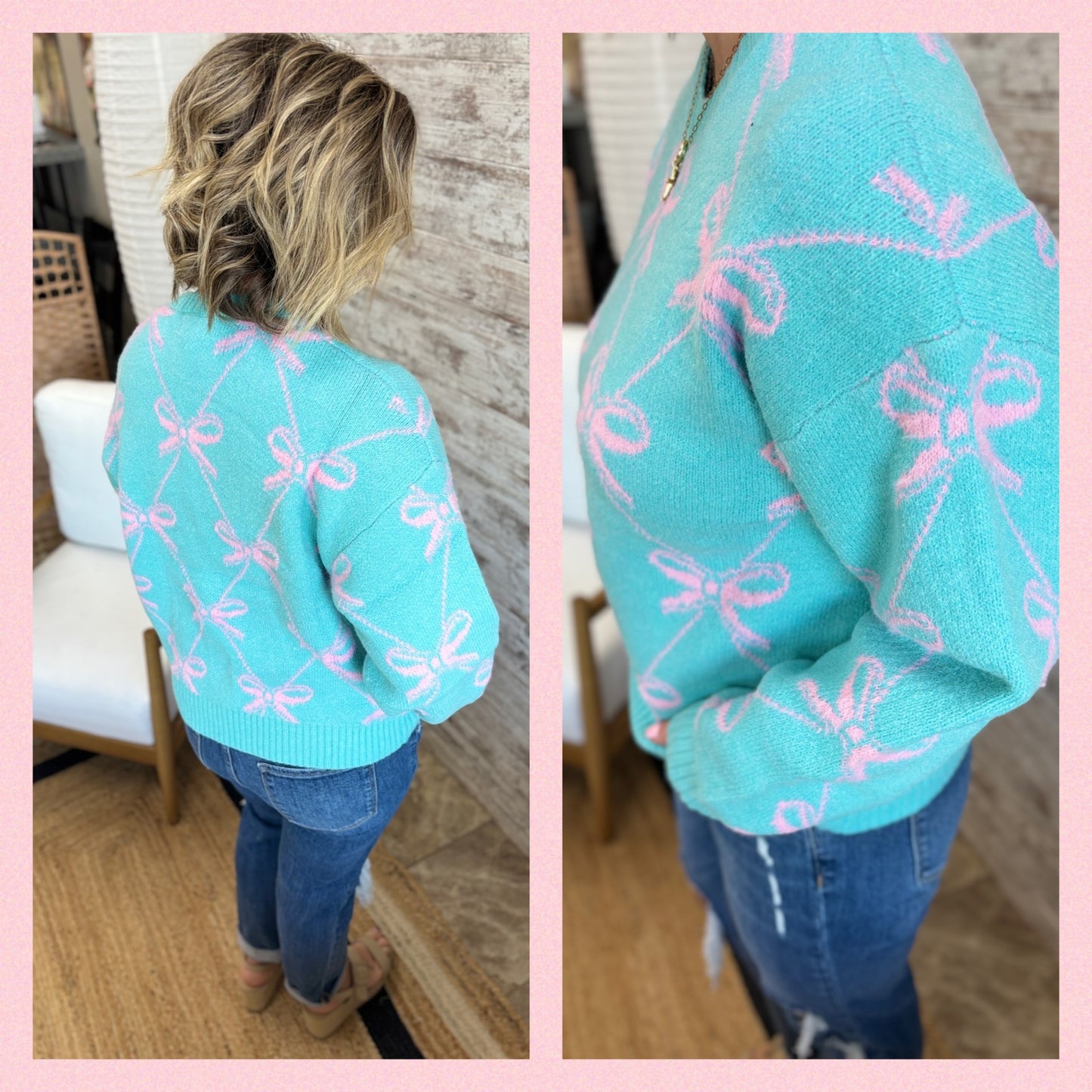 Teal Pink Ribbon Knit Sweater