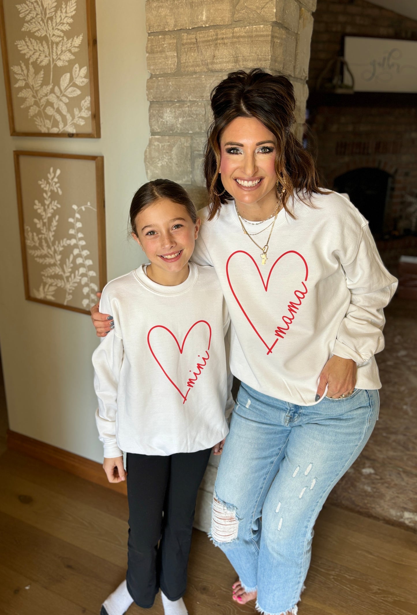 Mama and Mini Heart White Crewneck ~ Youth and Adult