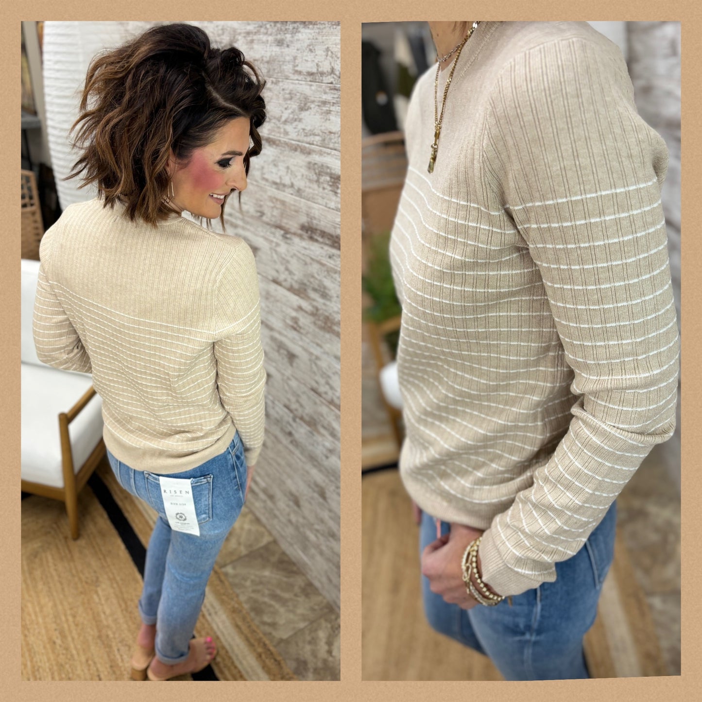 Taupe Contrast Crew Neck Sweater