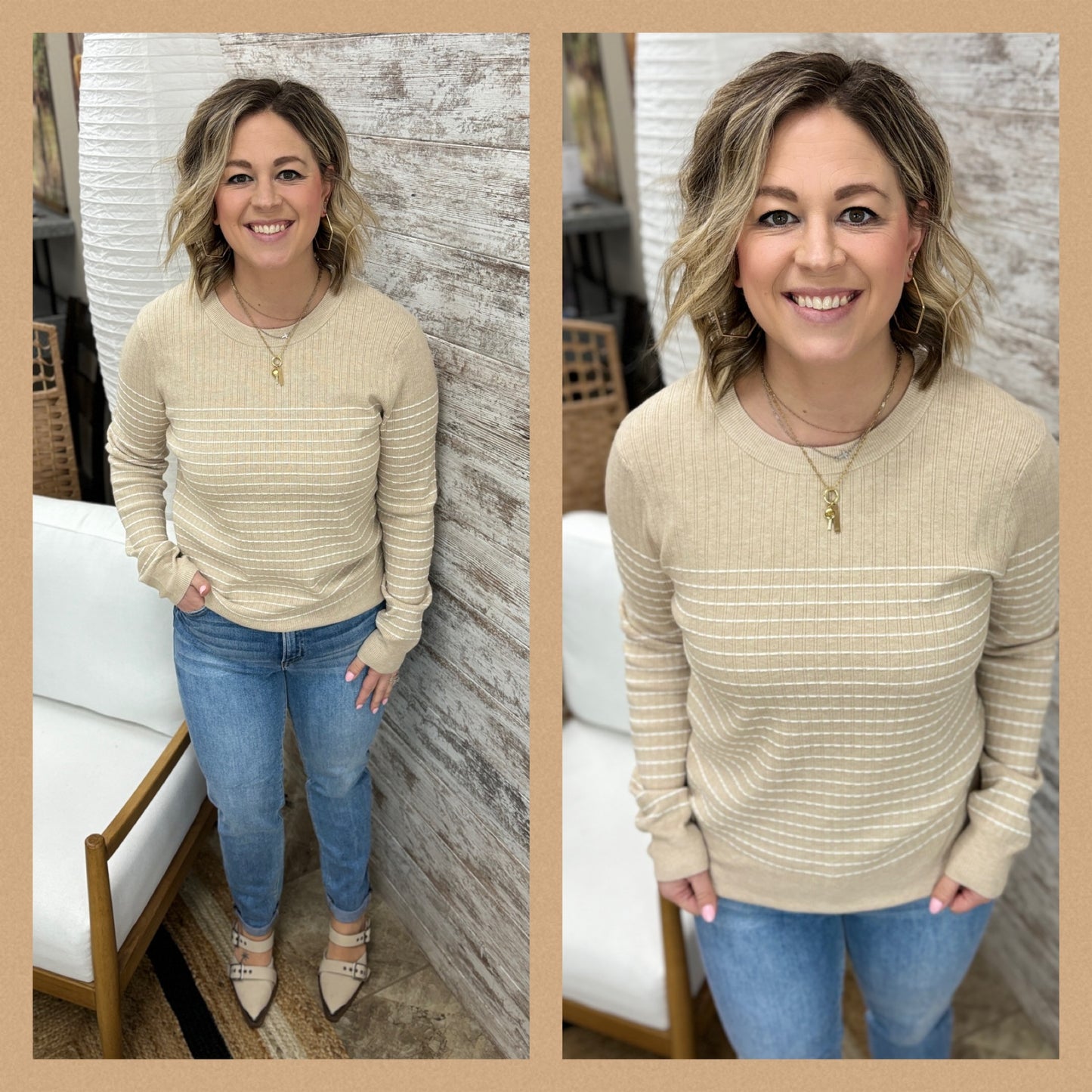 Taupe Contrast Crew Neck Sweater