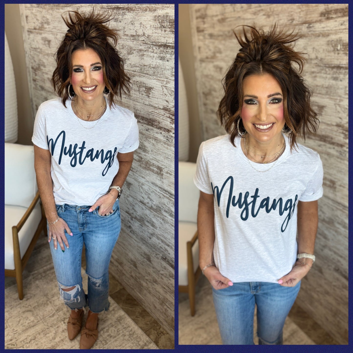 LC Mustangs Cursive White Puff Bella Ash Grey Tee