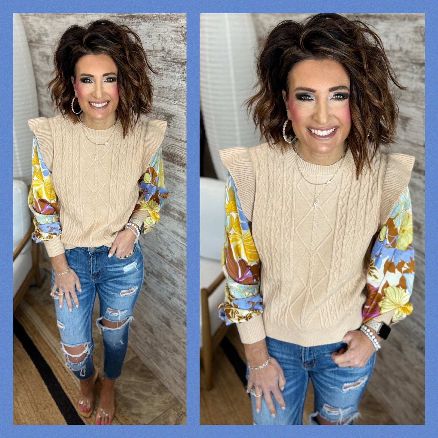 Floral Sleeve Cable Knit Sweater