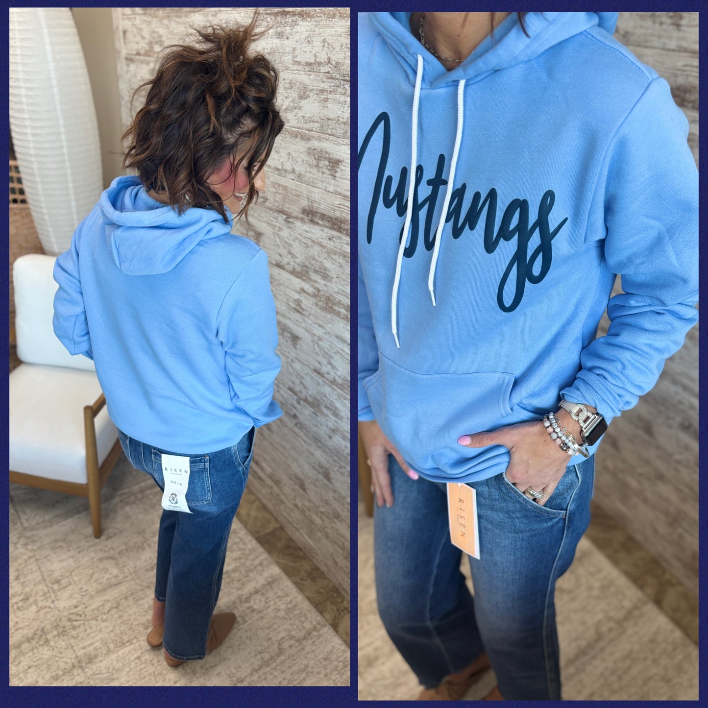 LC Mustangs Cursive Puff Print Bella Canvas Heather Sponge Carolina Blue Hoodie