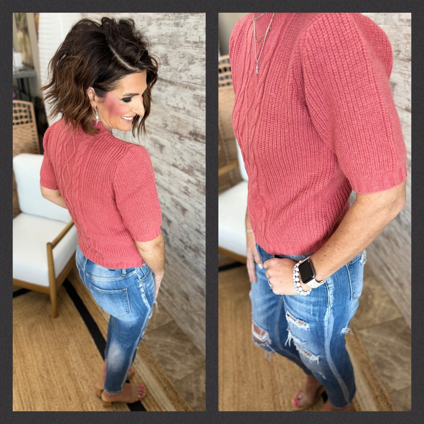 AUBRUN CABLE KNIT SHORT PUFF SLEEVE SWEATER