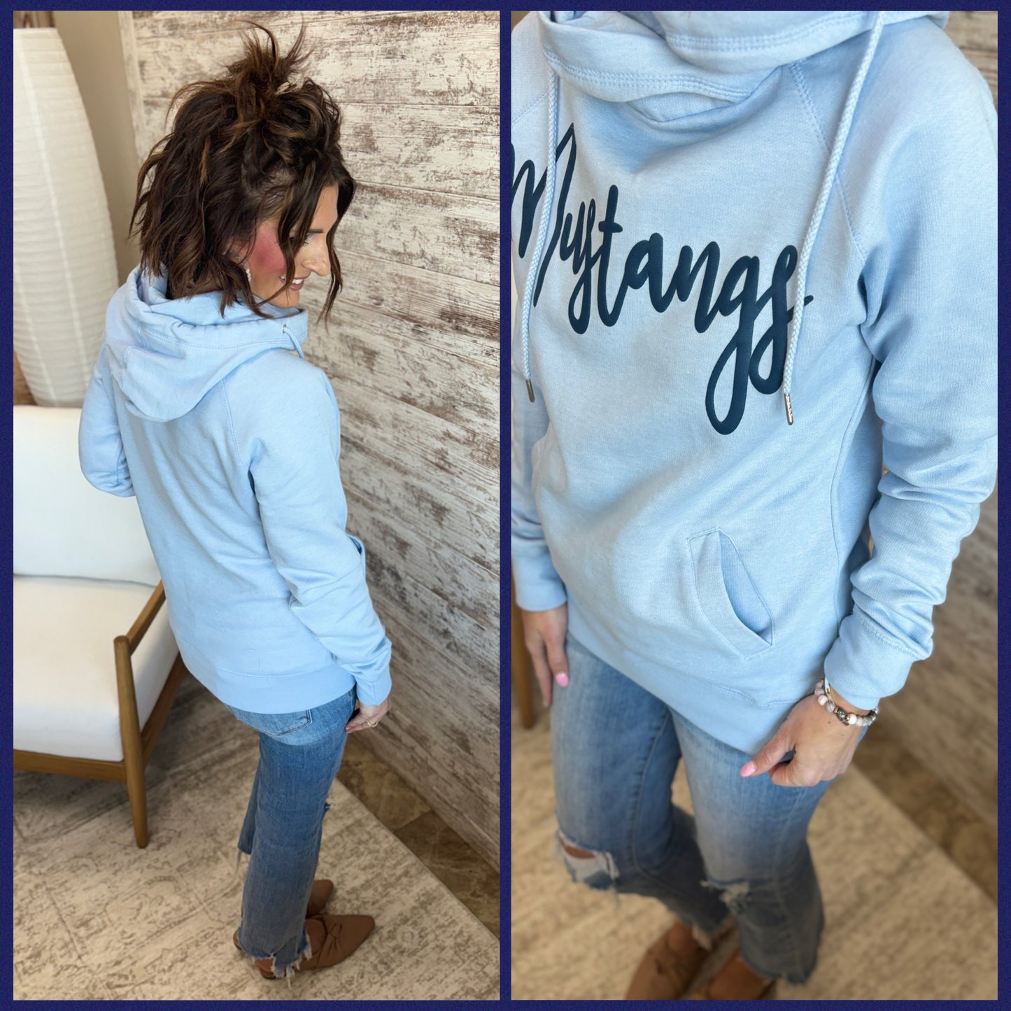 LC Mustangs Cursive Print Enza Sky Blue Cowl Hoodie ~ Ladies