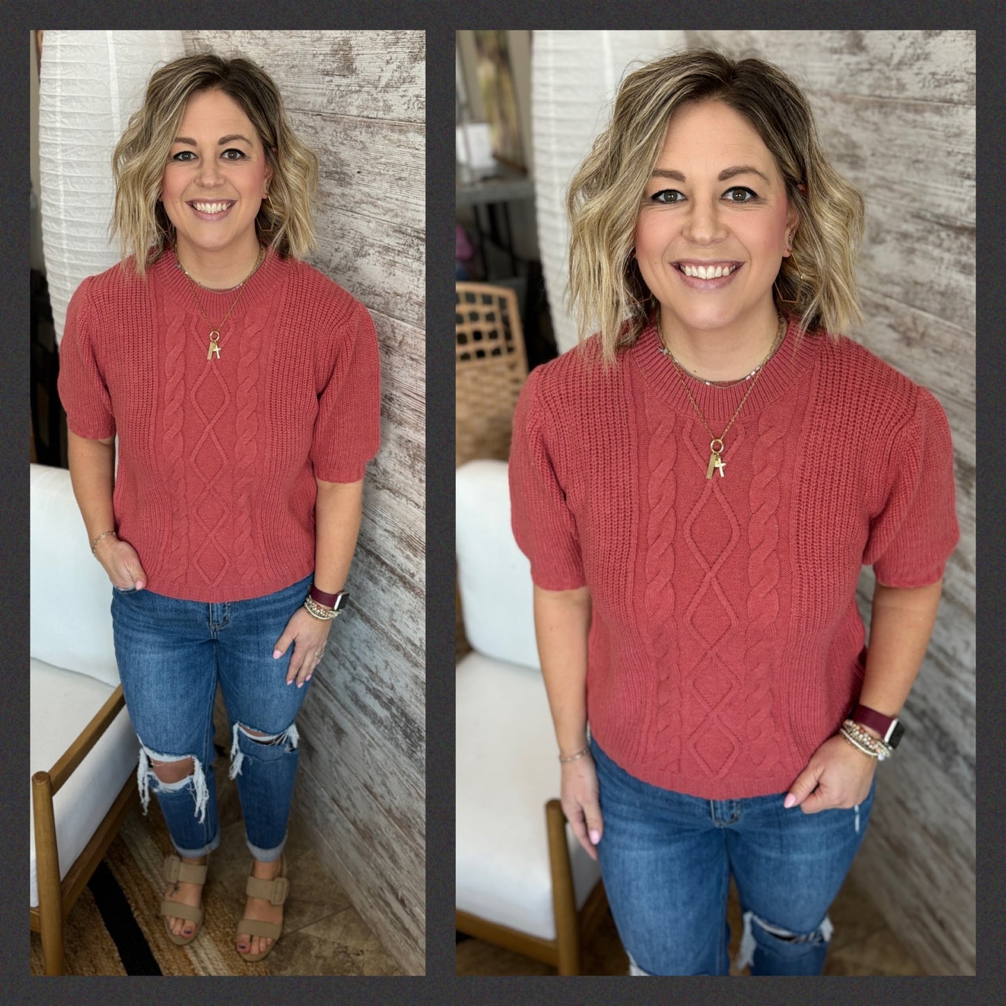 AUBRUN CABLE KNIT SHORT PUFF SLEEVE SWEATER