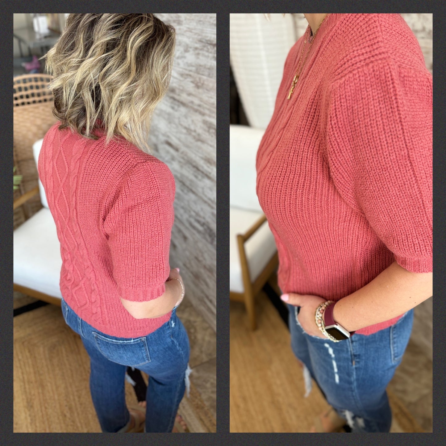 AUBRUN CABLE KNIT SHORT PUFF SLEEVE SWEATER