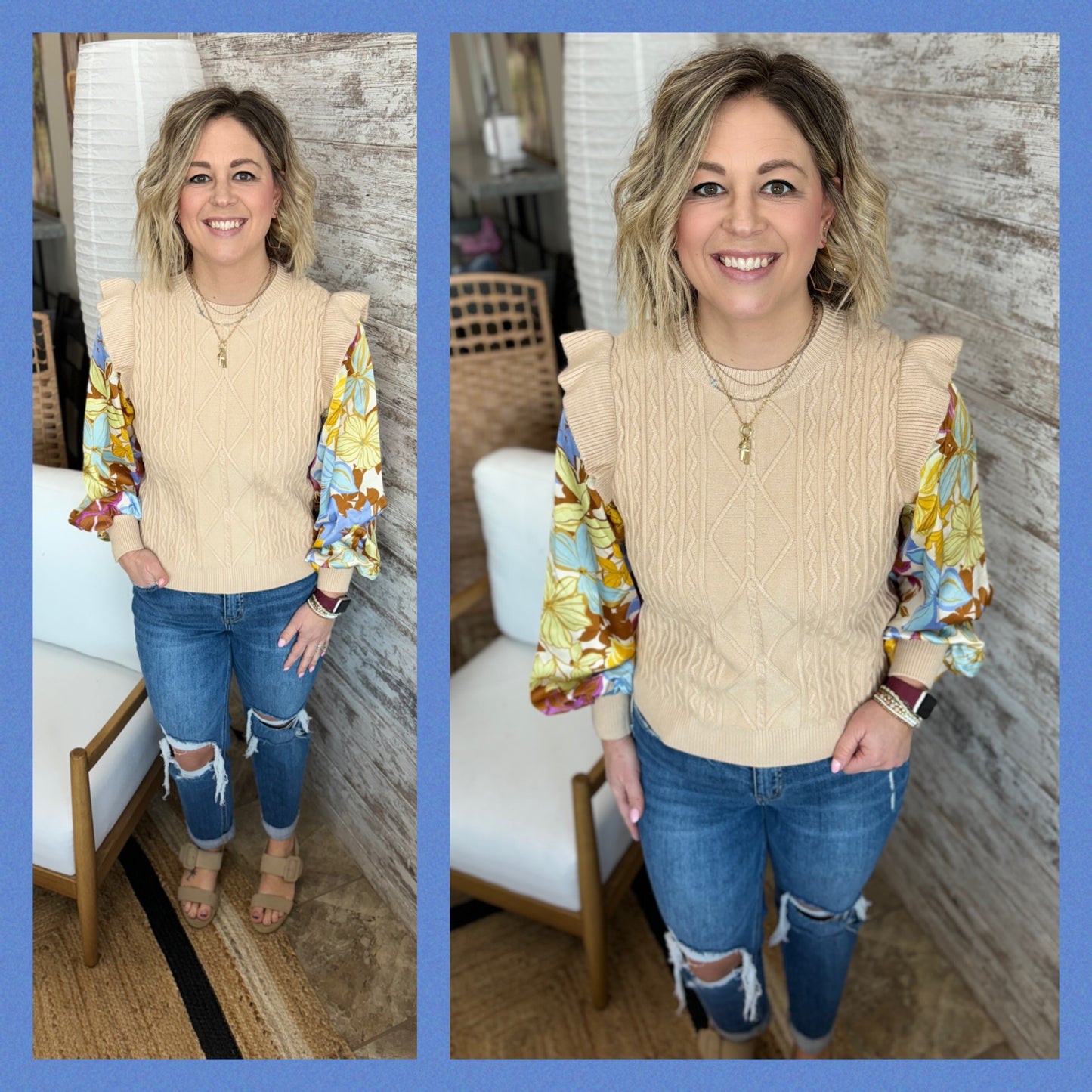 Floral Sleeve Cable Knit Sweater