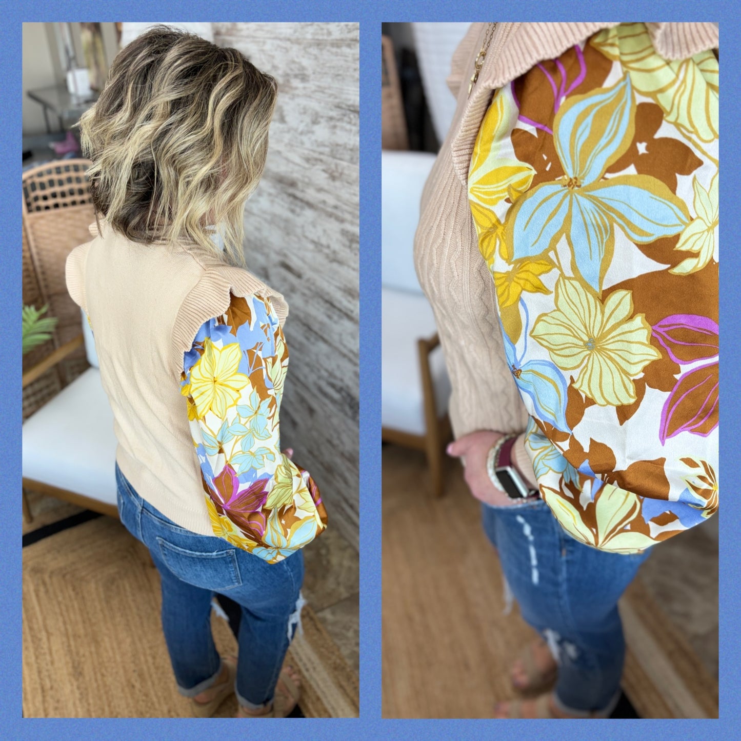 Floral Sleeve Cable Knit Sweater