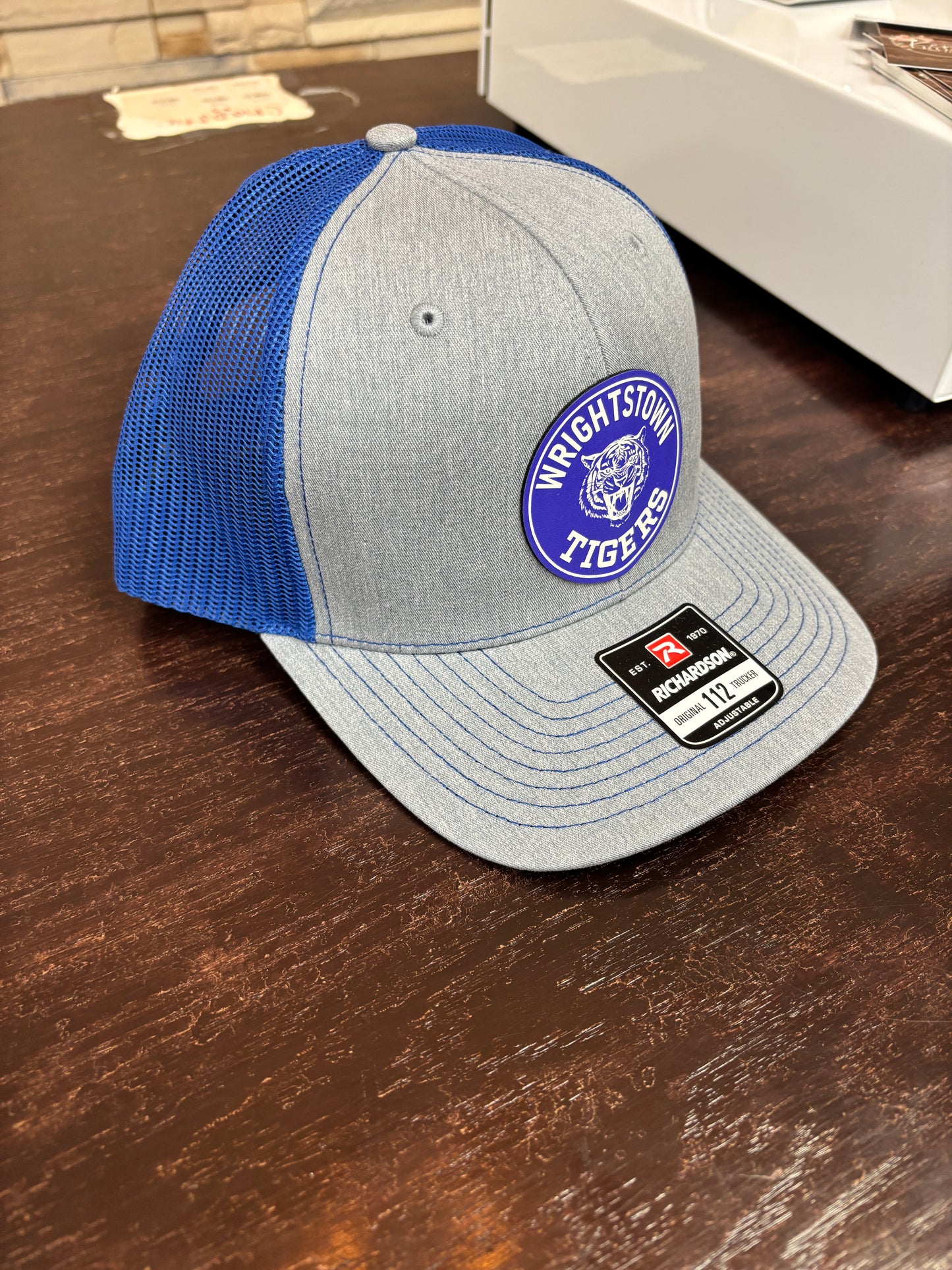 Wrightstown Grey and Royal Colored Patch Trucker Hat