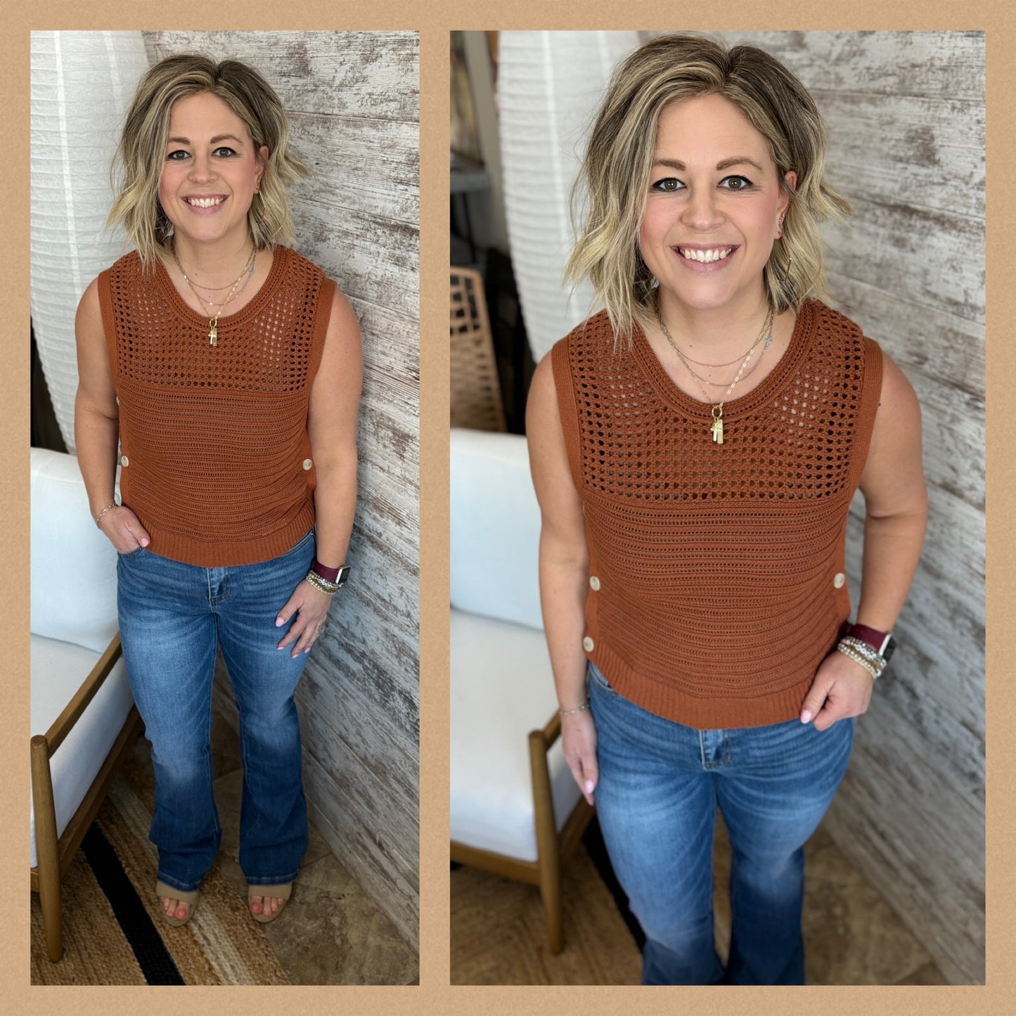 Rust Side Button Sleeveless Sweater