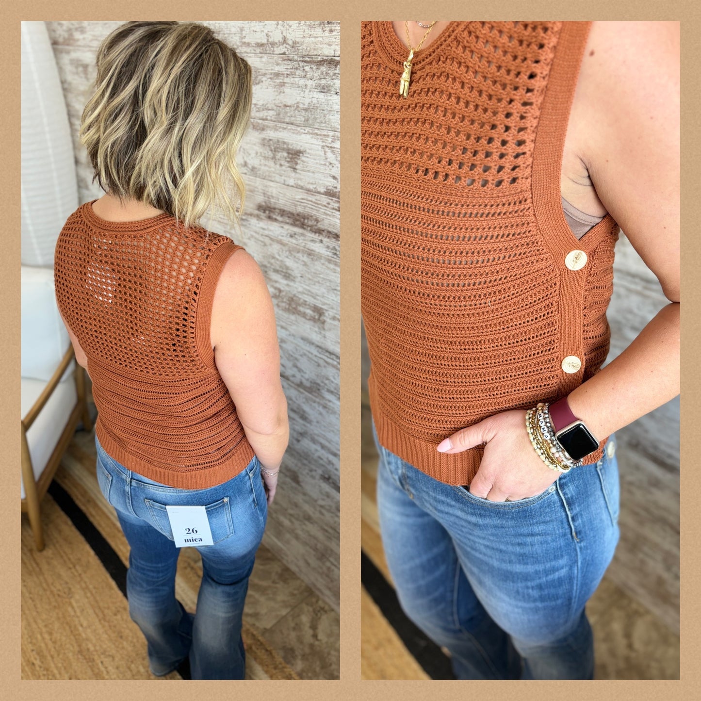 Rust Side Button Sleeveless Sweater