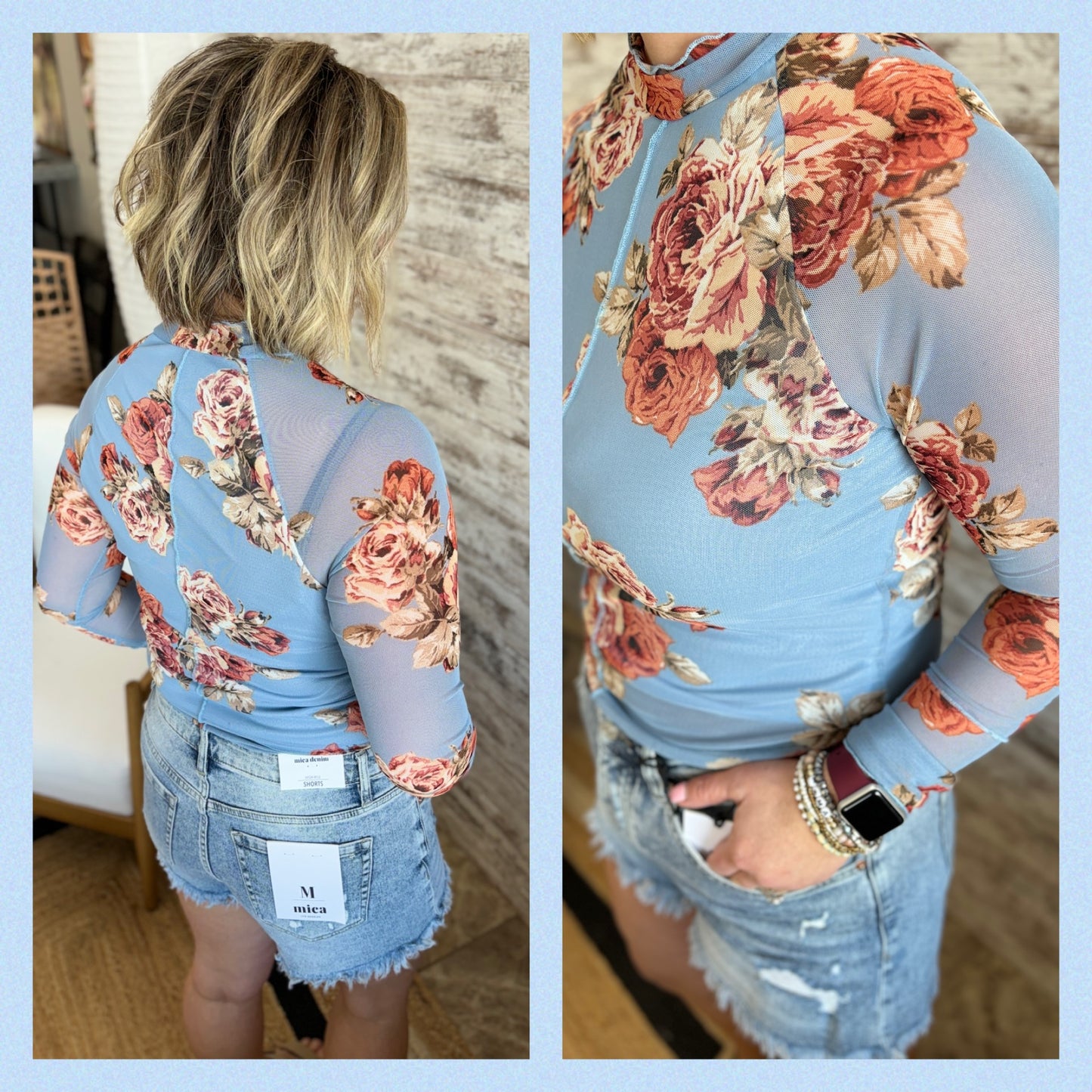 Blue Floral Mesh Top with Lining