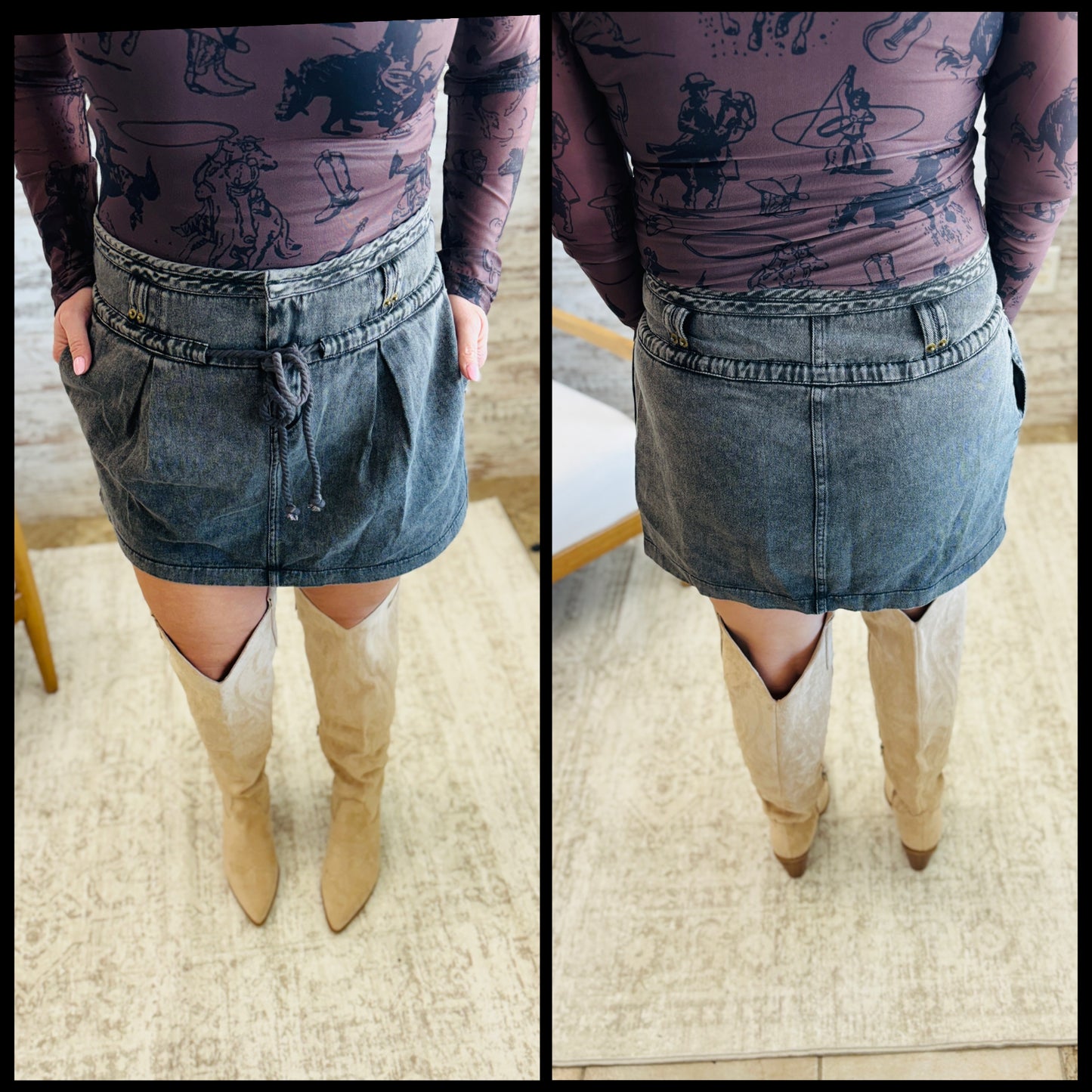 Washed Black Denim Skirt with Drawstring